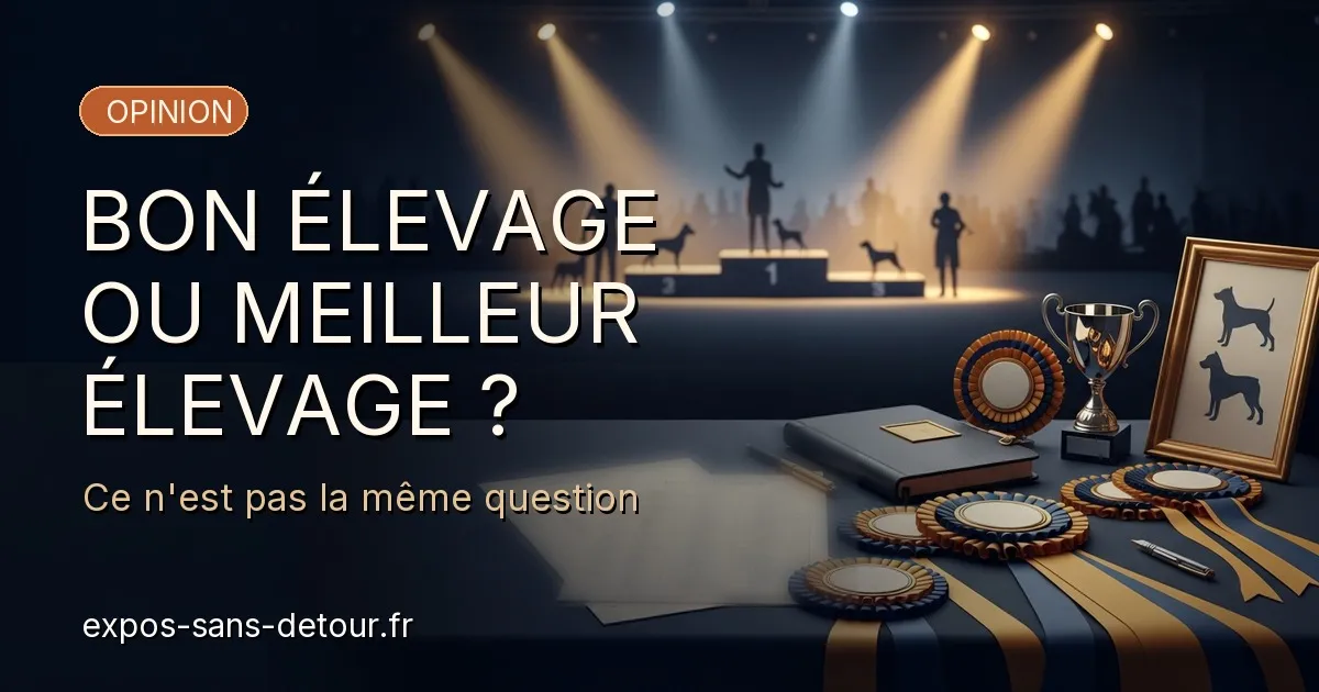 Carte visuelle Expos Sans Détour : bon élevage ou meilleur élevage, avec podium d'exposition, cocardes, trophée et documents de sélection.