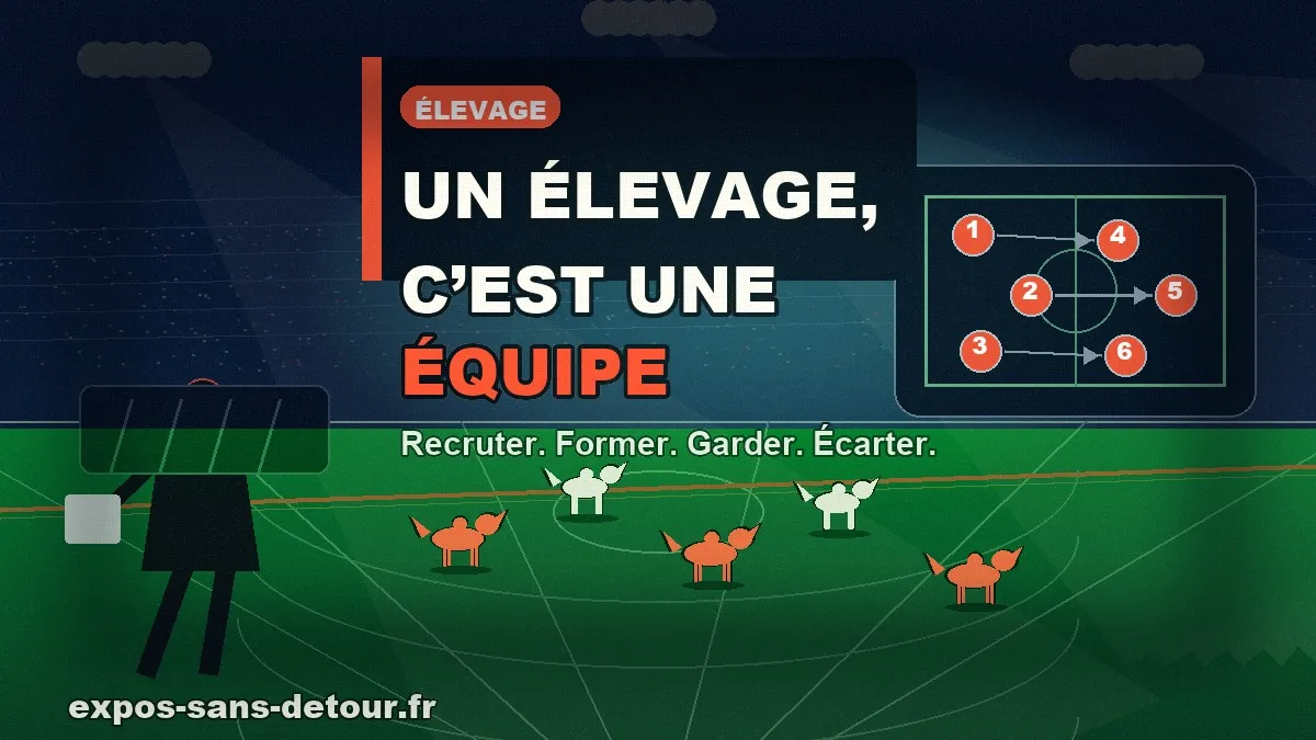 Affiche football avec un coach, un tableau tactique et des chiens placés comme une équipe sur un terrain.