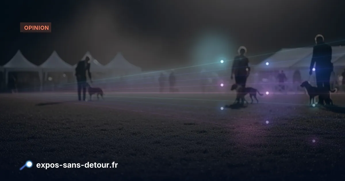 Silhouettes d'exposants et de chiens dans un ring d'exposition canine.