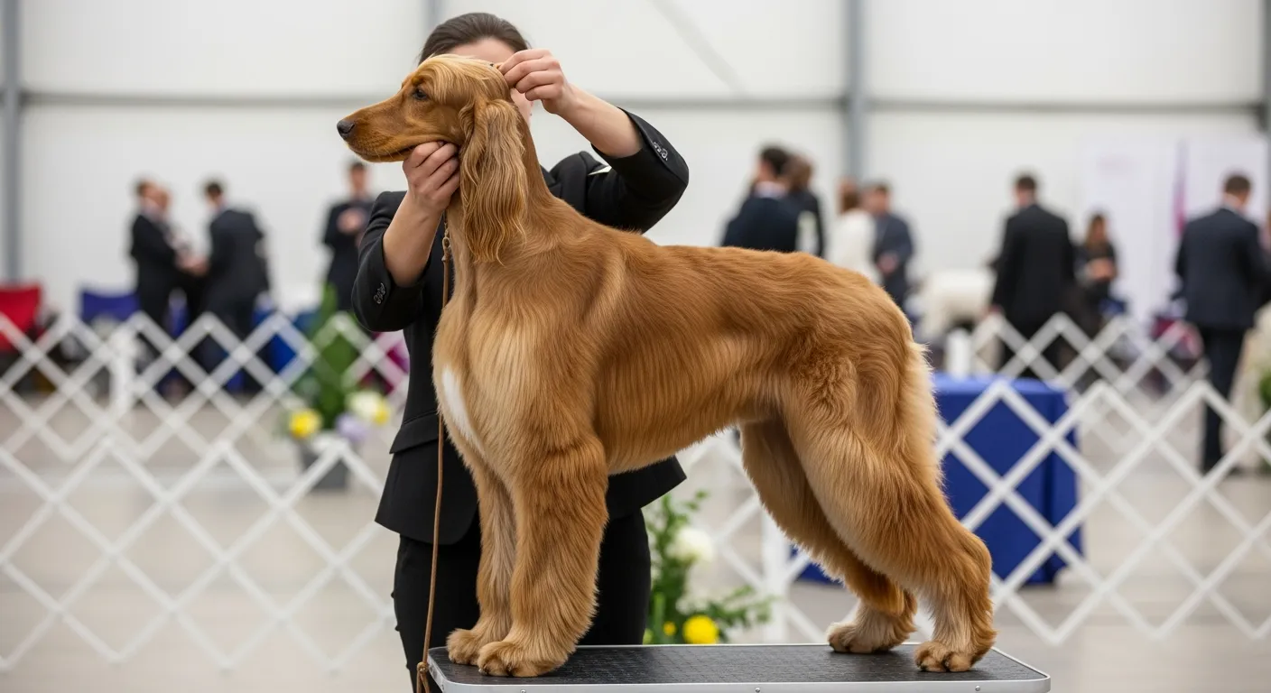 Chien de show en préparation sur une table de toilettage dans les coulisses d'une exposition canine.